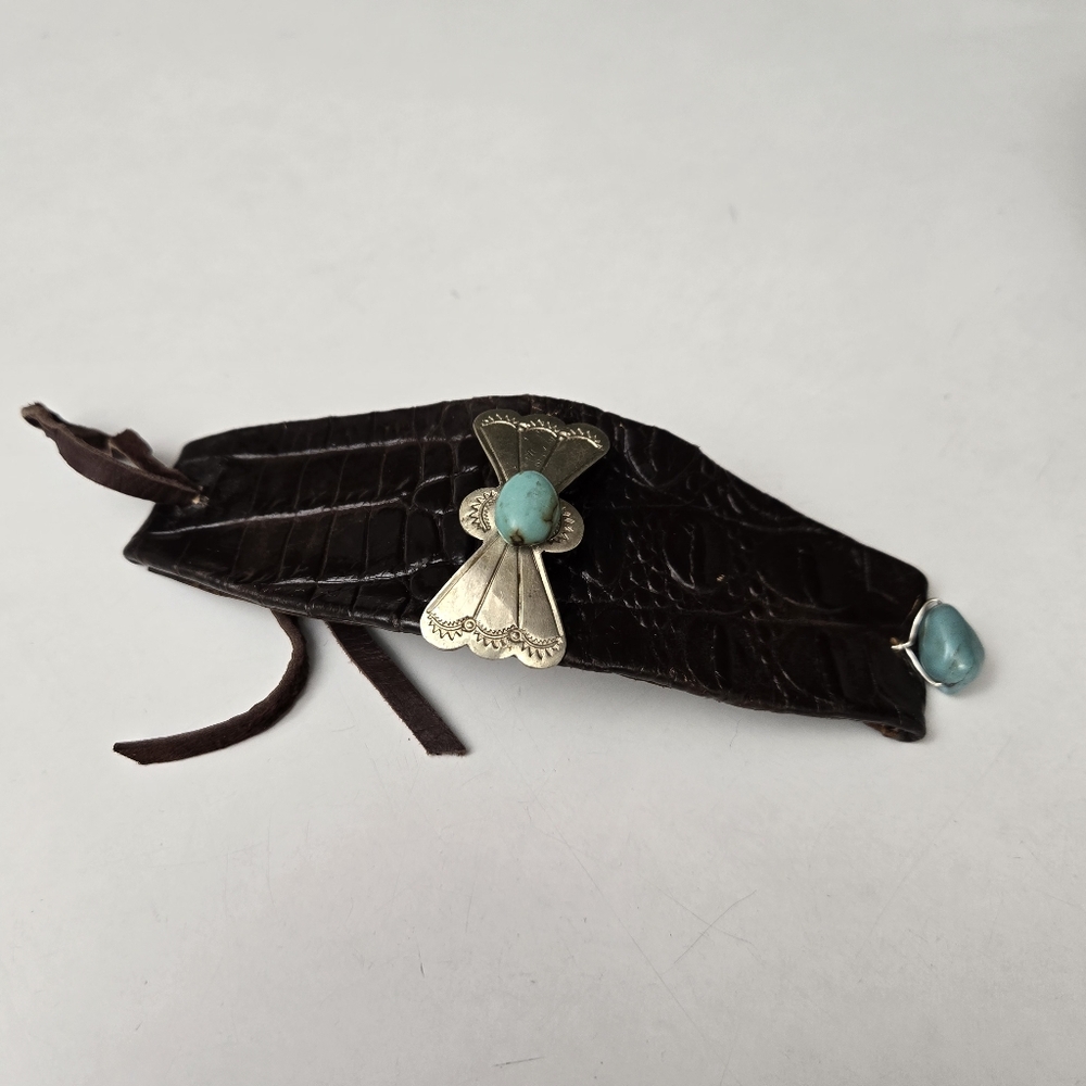 Silver, Crocodile Leather and Turquoise Bracelet